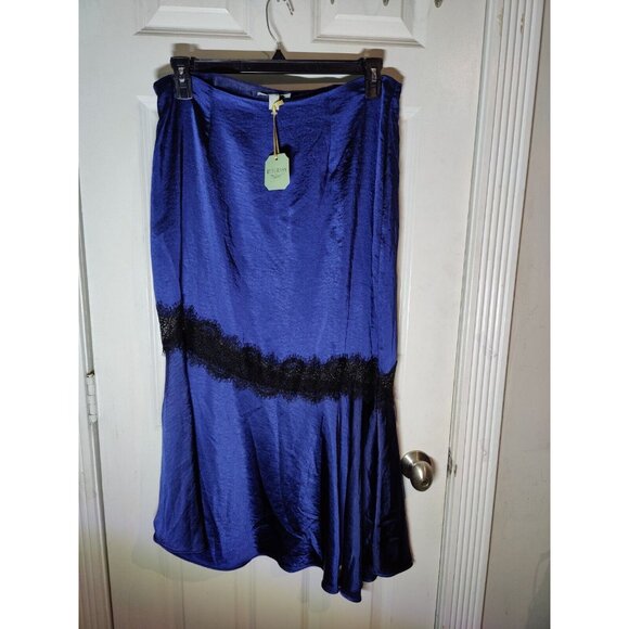 Ryegrass Navy Blue Silky Satin Asymmetric Hem Lace Accent Midi/Maxi Skirt 14 NWT - Picture 4 of 6